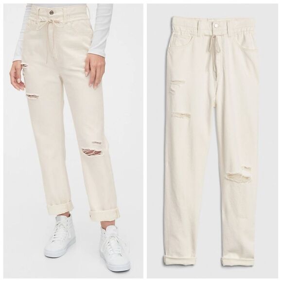 New GAP Off White Boyfriend High Rise Drawcord Distressed Jeans Size 10/30 - Picture 5 of 16